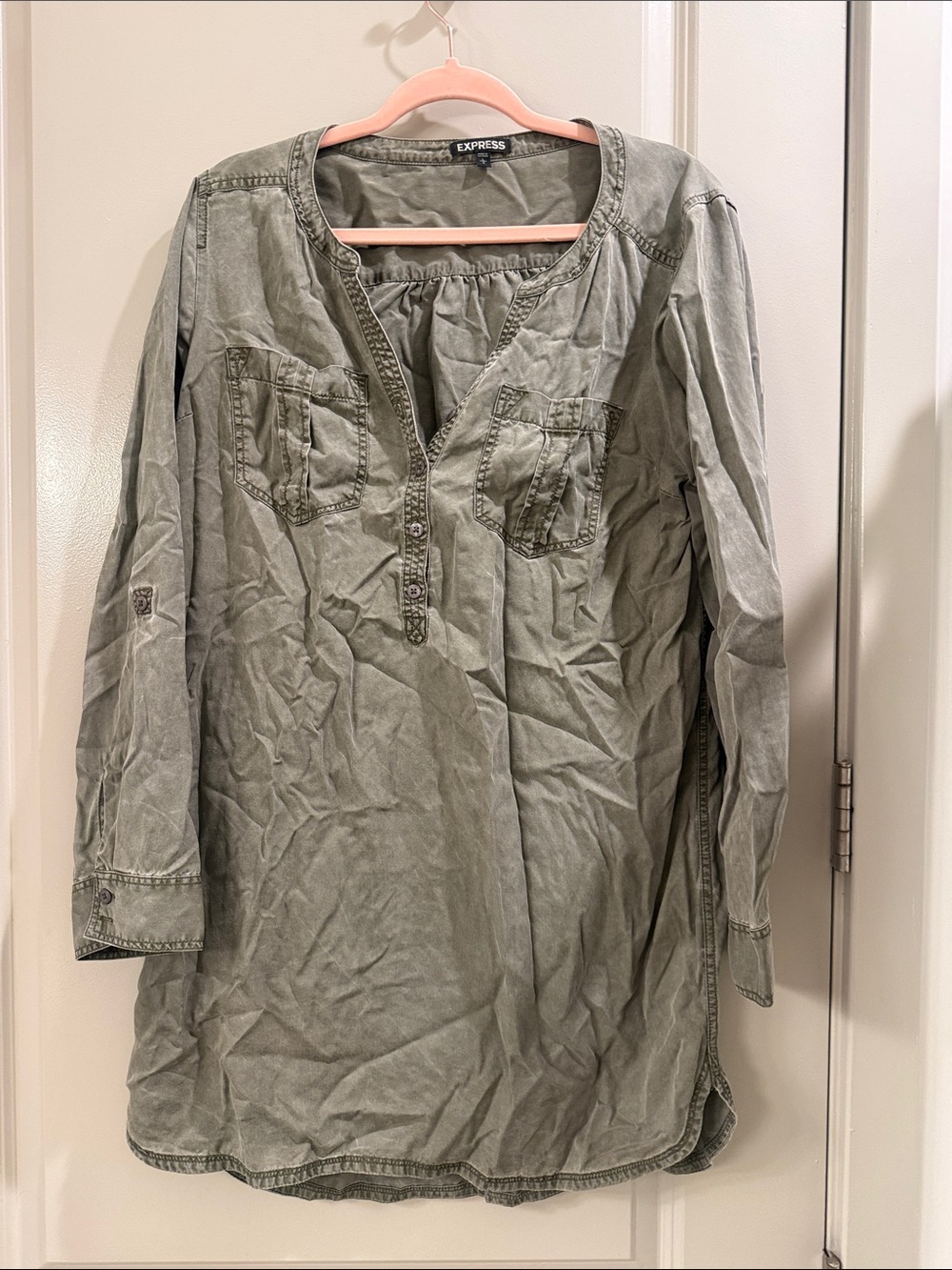 Express Washed Sage Button-Front Tunic